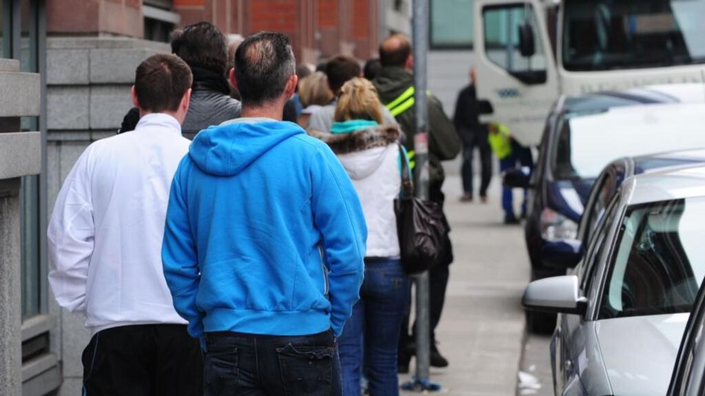Dublin dole queue: jobless rate is likely to have fallen slightly to 10 per cent. Photograph: Aidan Crawley