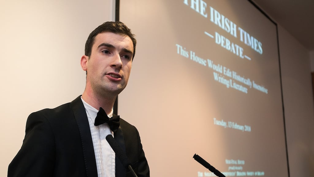 Patrick Fitzgerald, King’s Inns, speaking for the proposition “this house would edit historically sensitive writing/literature”, at the last semi-final of The Irish Times Debate at Blackhall Place, Dublin. Photograph: Dave Meehan