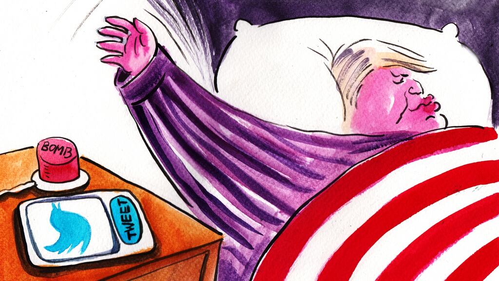 This image, published in Bulgaria’s Prass Press and SEGA, is by cartoonist Christo Komarnitski. It is one of a series of illustrations from some of the world’s best satirical artists, who have shared their work related to President Trump’s first 100 days in office