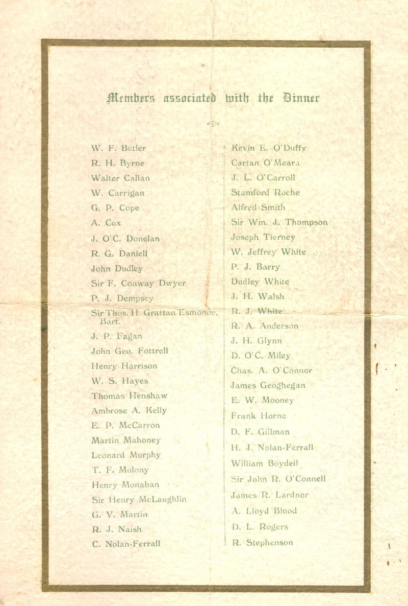 The back of the programme for the dinner to honour WB Yeats. Photograph courtesy Stephen’s Green Club