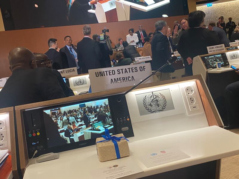 The empty chair and desk reserved for the US at this week's World Health Assembly in Geneva. Photograph: Denis McClean