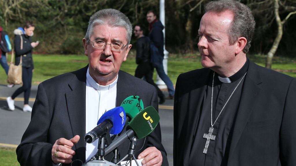 What the Irish same-sex marriage referendum showed “was a breakdown between two languages”, Archbishop of Dublin Diarmuid Martin (left) told the Synod of Bishops in Rome. Archbishop Eamon Martin of Armagh (right) said the synod should not forget “families which have experienced the trauma of abuse and domestic violence”. File photograph: Colin Keegan/Collins