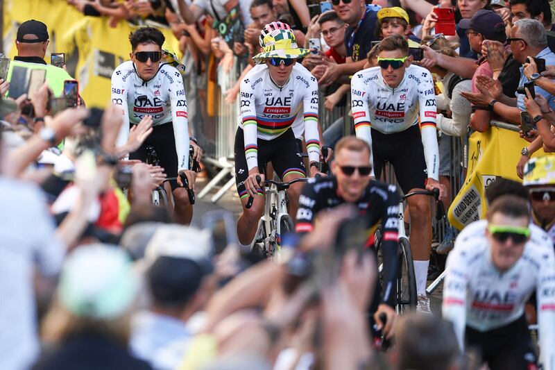 UAE Team Emirate riders cycle through Lille city centre during the team presentation day on Thursday ahead of this year's Tour de France. Photograph: Anne-Christine Poujoulat/AFP via Getty Images