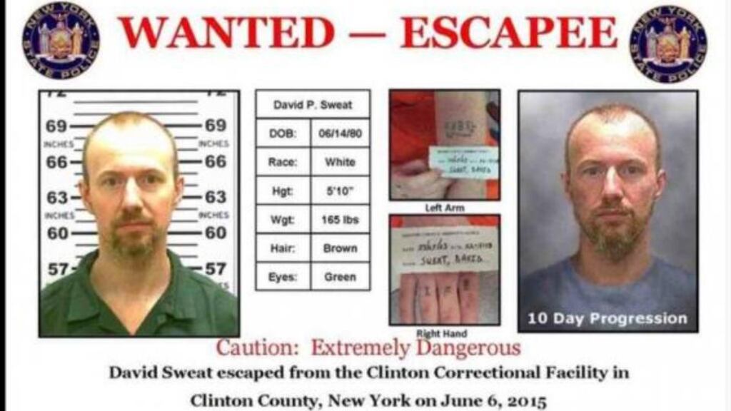 A wanted poster for escaped convict David Sweat is seen in an undated handout released by the New York State Police. Photograph: Reuters.