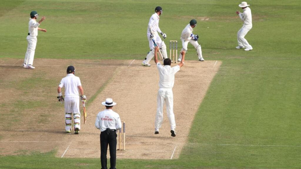 Australia captain Michael Clarke catches Stuart Broad at slip off the bowling of Ashton Agar, a decision that was not given by umpire Aleem Dar. Photograph: Nick Potts/PA