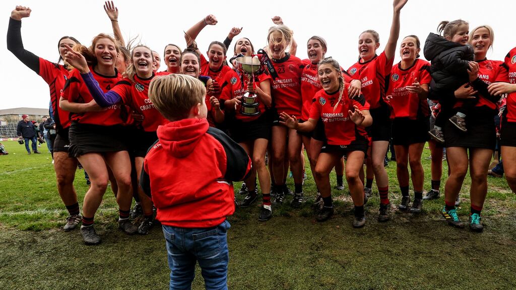 Mary Leacy’s son Jake celebrates with Oulart-The Ballagh team after their victory over Sarsfields in the AIB All-Ireland Senior Club Camogie Championship Final at UPMC Nowlan Park in Kilkenny. Photograph: Dan Sheridan/Inpho