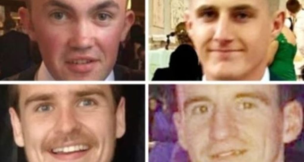 Clockwise from top left: Shaun Harkin, Daniel Scott, John Harley and Mícheál Roarty were killed in a single-vehicle road crash in Co Donegal