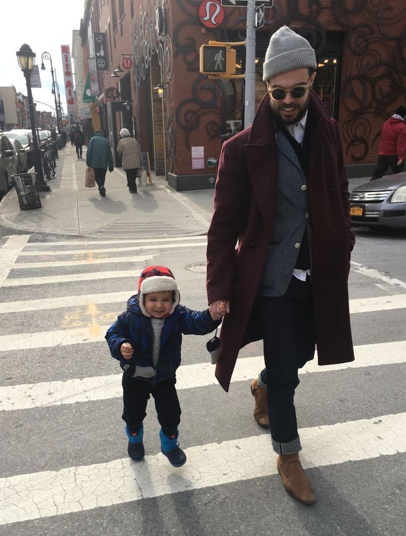 Jeffers strolling in New York with his son, Harland. Photograph: Oliver Jeffers