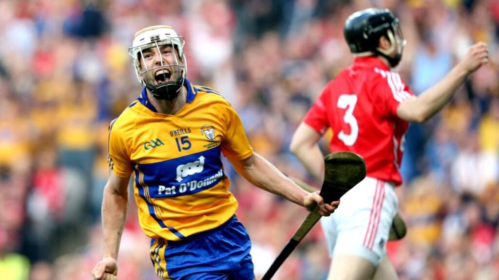 Clare’s Conor McGrath celebrates scoring his sides fourth goal against Cork. Photograph: James Crombie/Inpho