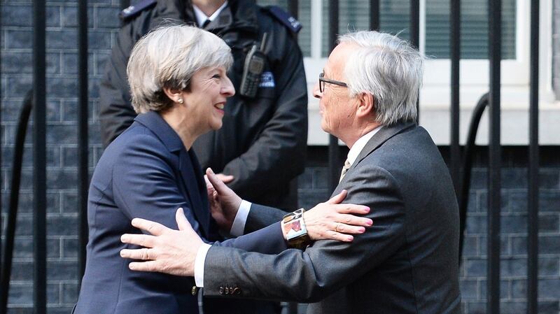 Prime minister Theresa May greeting European Commission president Jean-Claude Juncker last week. Photograph: John Stillwell/PA