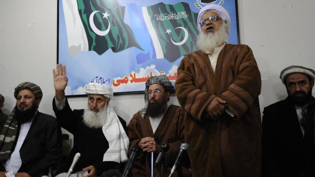 Members of a committee announced by banned militant outfit Tehreek-e-Taliban Pakistan to hold peace talks with the Pakistani government:  professor Ibrahim of Islamic political party Jamat-e-Islami (second left), Maulana Sami-ul-Haq of Islamic political party Jamiat Ulma-e-Islam (centre) and chief cleric of Islamabad’s Red Mosque, Maulana Abdul Aziz (second right), attend a meeting in Islamabad, Pakistan.  Photograph: T Mughal/EPA