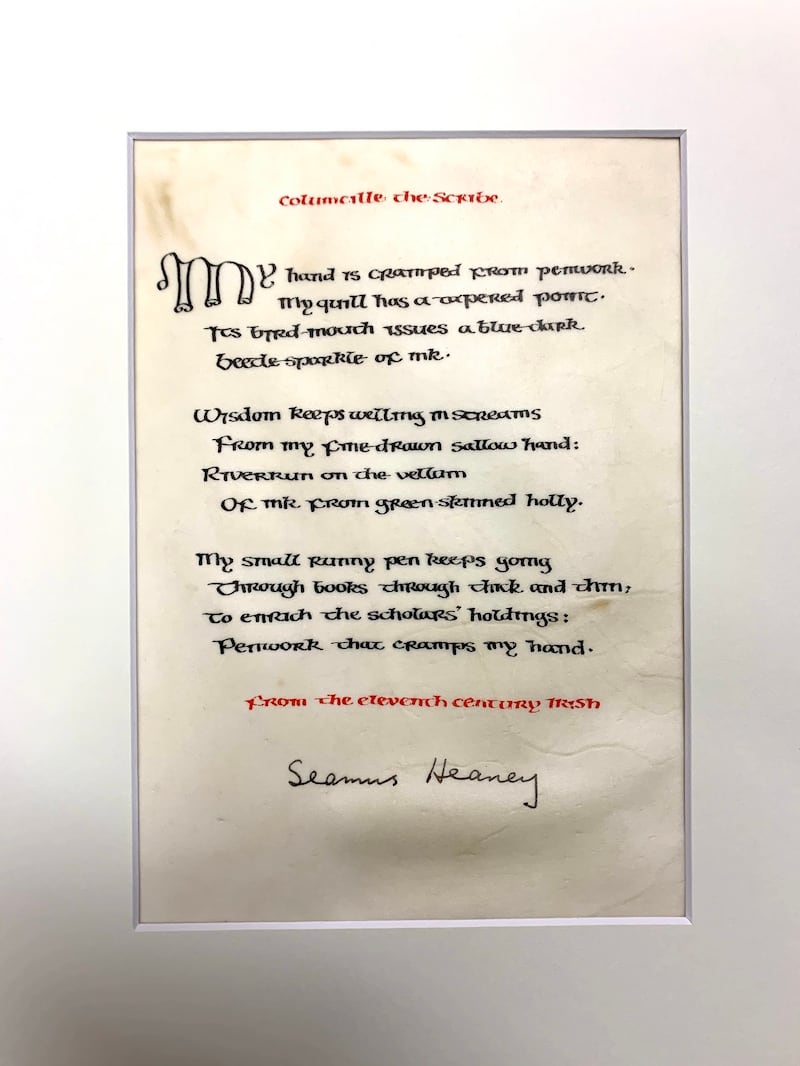 Columcille the Scribe; a translation of a late 11th century Irish poem by Heaney, with calligraphy on vellum by Tim O Neill 1,250