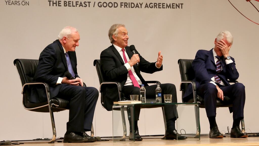 Bertie Ahern, Tony Blair and Bill Clinton at the event in Queen’s University Belfast to mark the 20th anniversary of the Belfast Agreement. Photograph: Paul Faith/AFP/Getty Images
