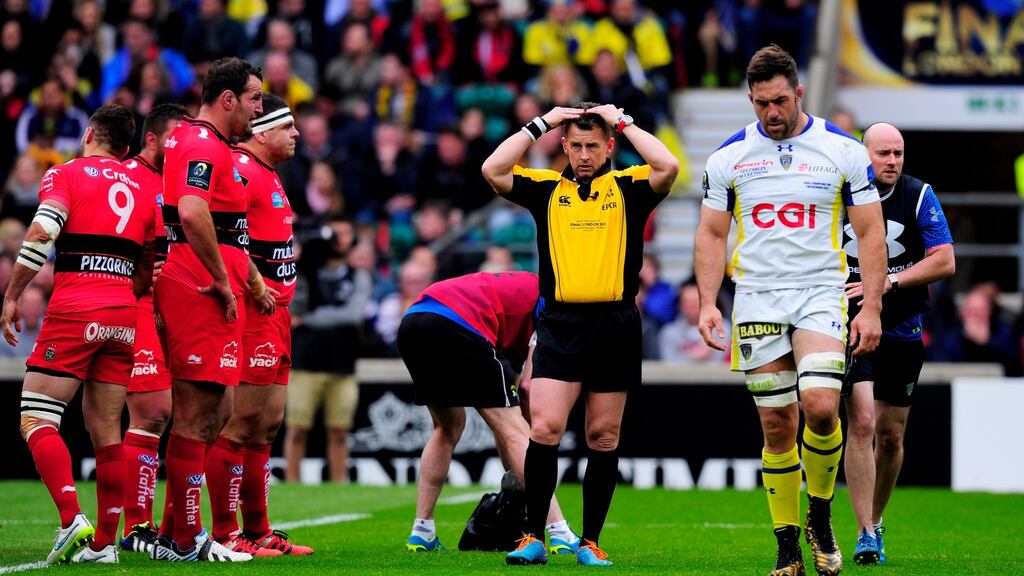 Jamie Cudmore of Clermont leaves the field early in the first half of the 2015 Champions Cup final due to concussion. Photo: Stu Forster/Getty Images