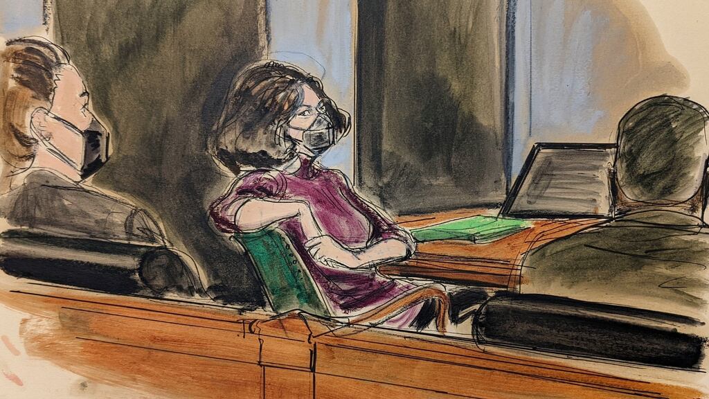 In this courtroom sketch, Ghislaine Maxwell sits in the courtroom during her sex trafficking trial. Maxwell was found guilty of sex trafficking and faces up to 65 years in prison. Photograph: Elizabeth Williams/AP