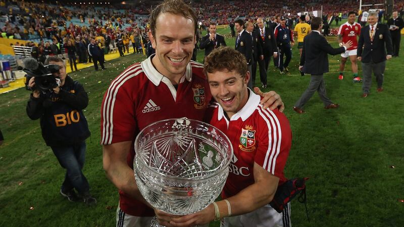 Alun Wyn Jones and Leigh Halfpenny celebrate after victory for the Lions in the third Test against Australia in Sydney in 2013. Photograph: David Rogers/Getty Images