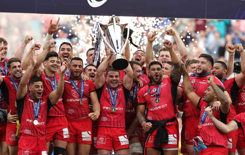 Toulouse captain Antoine Dupont raises the Champions Cup at Tottenham Hotspur Stadium. Photograph: David Rogers/Getty Images