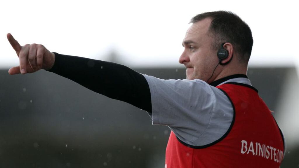 Louth manager Aidan O’Rourke shouts instructions to his players at O’Moore Park. Photograph: Colm O’Neill/Inpho