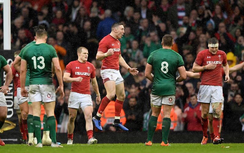 Josh Adams of Wales celebrates the Six Nations victory against Ireland at Cardiff in 2019. File photograph: Inpho