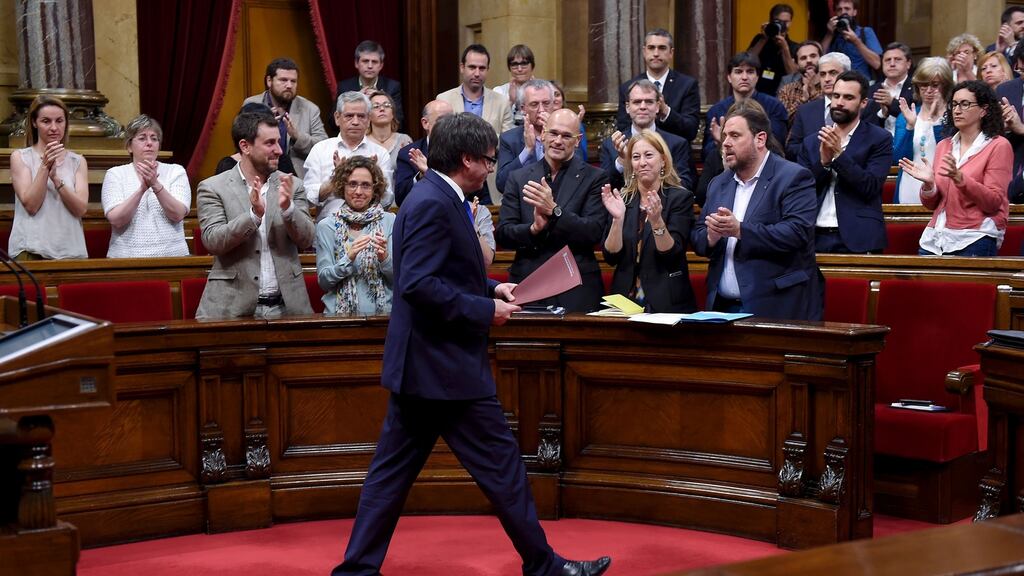 Members of the President of the Catalan government Carles Puigdemont after his budget speech at the parliament of Catalonia in Barcelona on June 8, 2016. Photograph: Josep Lago/AFP/Getty