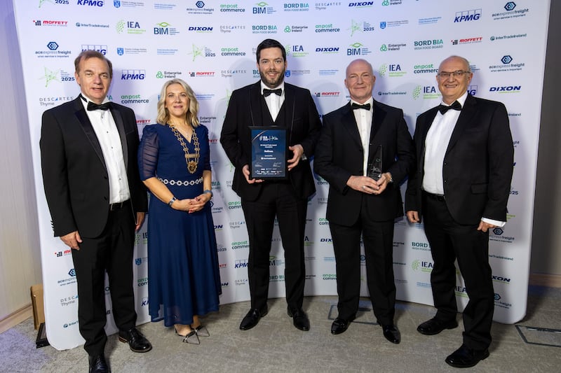 Simon McKeever, Irish Exporters Association chief executive; Gabrielle White, president; Stephen Hurson and George Millar of Relinea, winner of all-island trade award category, sponsored by InterTradeIreland; and Martin Robinson, director of strategy, InterTradeIreland. Photograph: Karl Hussey Photography
