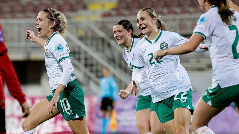 Denise O’Sullivan celebrates scoring for Ireland against Albania in Octoner. bhotograph: Nikola Krstic/Inpho