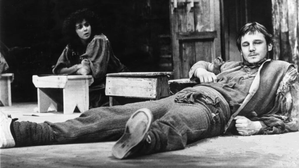 Brenda Scallon and Liam Neeson in Translations by Brian Friel, a play about the threat to the Irish language in 19th-century Ireland: “There is no doubt that Ireland was an Irish-speaking kingdom in the nineteenth century despite claims to the contrary by contemporary administrators, travel writers, and observers – and even by certain scholars today,” argues US academic Nicholas Wolf. Photograph: Rod Tuach