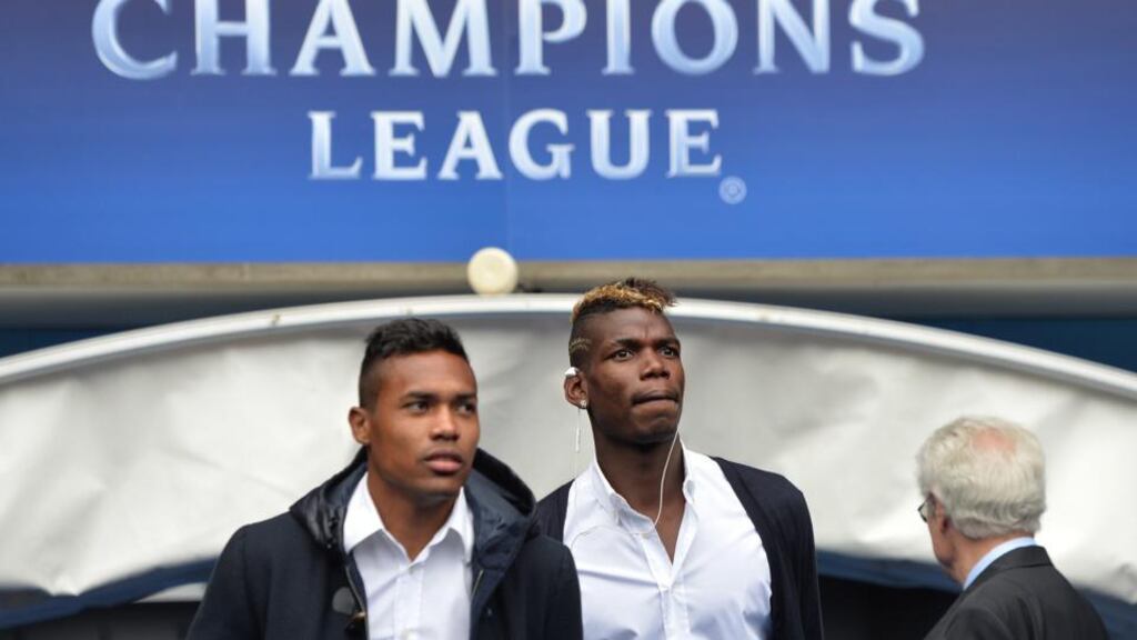 Paul Pogba and his Juventus team mates took a walk around the Etihad Stadium on Monday, ahead of their Champions League opener against Manchester City. Photograph: EPA