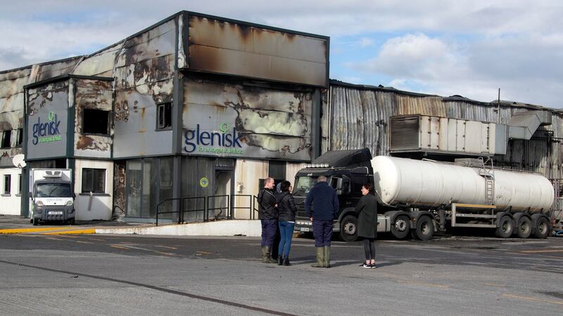 A milk tanker is seen outside the damaged Glenisk factory in Tullamore. Photograph: Collins