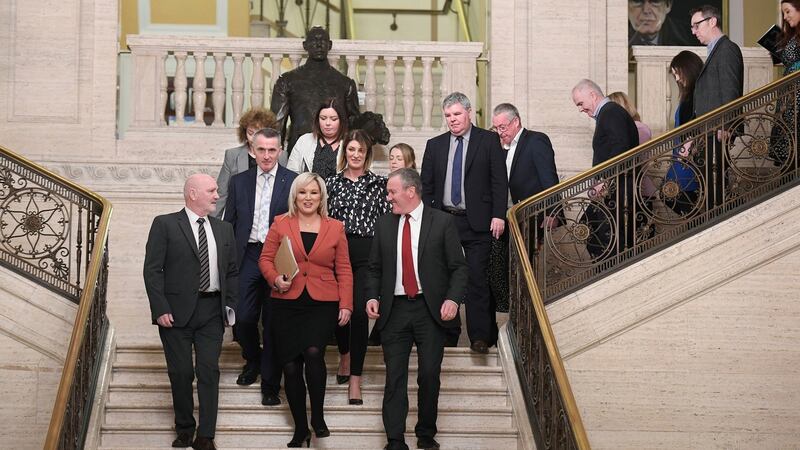 Michelle O’Neill of Sinn Féin leads her party into the chamber in Stormont. Photograph: Michael Cooper/PA