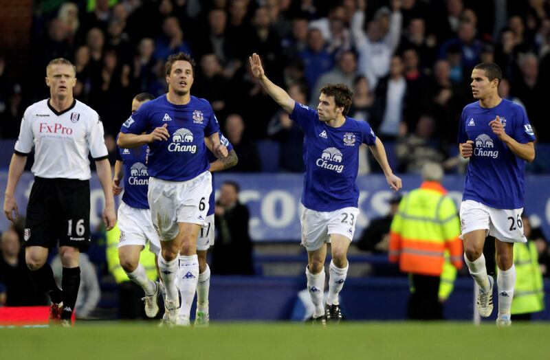 Blast from the past: Séamus Coleman firing into the net for Everton in 2011, to the chagrin of Fulham's Damien Duff. Photograph: Ross Kinnaird/Getty Images