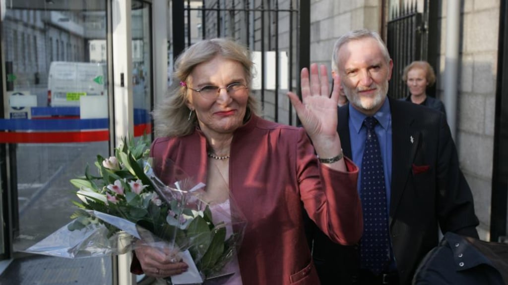 ‘Seven years on, Dr Lydia Foy and the Irish trans community are still waiting to be legally recognised.’ Above, Dr Lydia Foy with solicitor Michael Farrell in 2007 outside the High Court in Dublin after the court ruled that the State is in breach of Article 8 of the European Convention on Human Rights. Photograph: Frank Miller