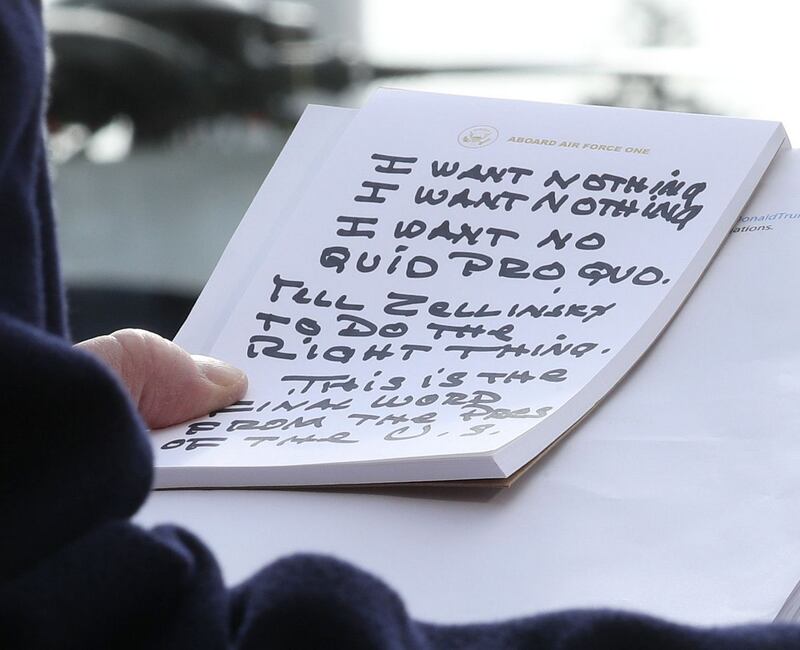 Quid pro quo: Donald Trump holds his notes while speaking to the media in 2019. Photograph: Mark Wilson/Getty
