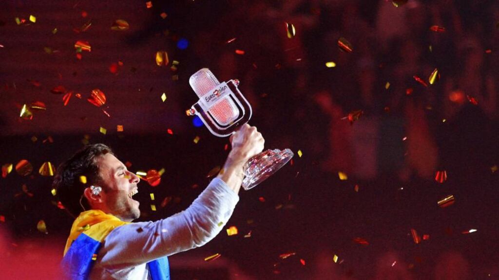 Singer Mans Zelmerloew representing Sweden poses with the trophy after winning the final of the 60th annual Eurovision Song Contest in Vienna. Photograph: Heinz-Peter Bader/Reuters.