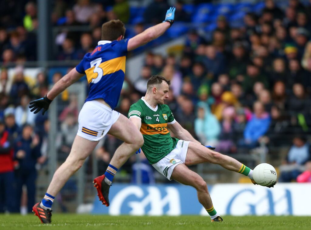 Kerry’s Tom O’Sullivan shoots at goal during the Munster SFC semi-final against Tipperary at Fitzgerald Stadium in Killarney. Photograph: Ken Sutton/Inpho
