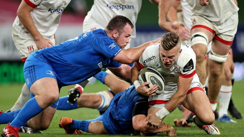 Replacement Ian Madigan is tackled during Ulster defeat to Leinster. Photograph: Billy Stickland/Inpho
