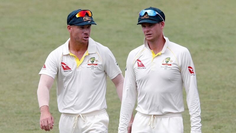 Australia’s David Warner and Steve Smith leave the pitch after beating South Africa. Photograph: Rogan Ward/Reuters