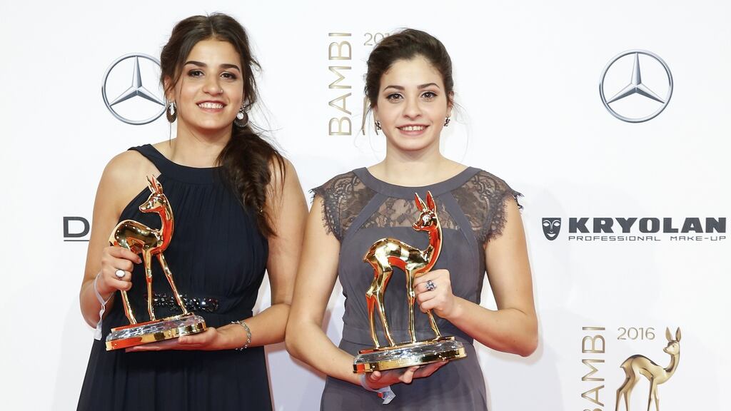 Award winners Yusra Mardini and Sarah Mardini during the Bambi Awards at Stage Theater in Berlin, Germany in 2016. File photograph: Isa Foltin/Getty Images for Kryolan