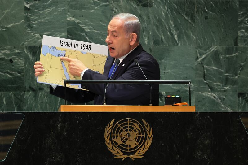 Prime minister of Israel Binyamin Netanyahu speaks at the United Nations General Assembly in September 2023: His map completely erases Palestine and the Palestinians. Photograph: Michael M Santiago/Getty