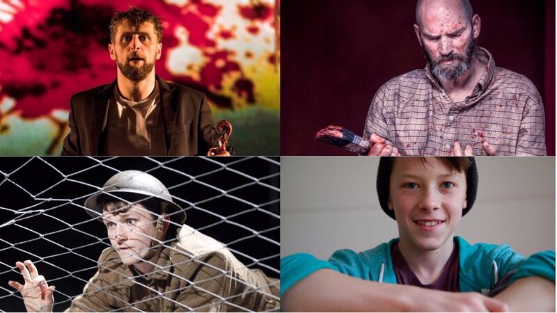 Best actor nominees (top left to right, then bottom left to right) Aaron Monaghan (for The Second Violinist), Patrick O’Kane (as Rothko in Red and as Woyzeck in Woyzeck in Winter), Shane O’Regan (for Private Peaceful), and Ollie West (for Hamnet)