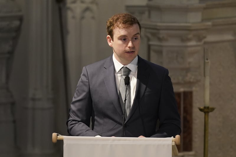 Eoghan Clarke, cousin of murdered Co Kerry farmer Michael Gaine, speaking at his funeral. Photograph: Niall Carson/PA