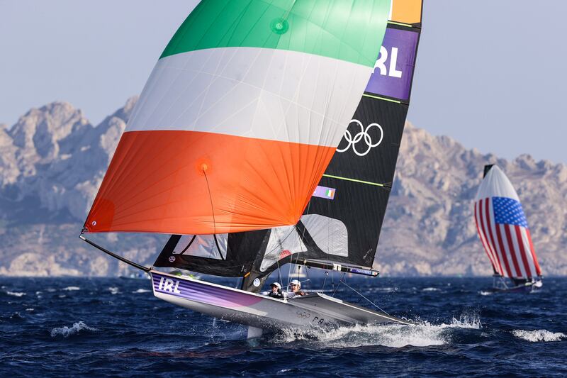 Robert Dickson and Sean Waddilove in action during the men's skiff competition in Marseille. They lie in second spot before the final medal race. Photograph: David Brannigan/Oceansport/Inpho