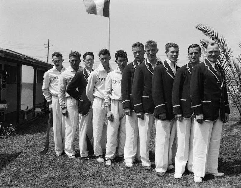L-R: Eamon Fitzgerald, hop, step, & jump; Dr Pat O'Callahan, decathalon and hammer thrower; Harry Connor, secretary of the team; Robert Tisdall, decathalon and 400m hurdler; M J M Murphy, light-heavyweight boxer; John Flood, welterweight; Ernes Smith, featherweight; Patrick Hughes, bantamweight; and Tom Maloney, trainer for the team.