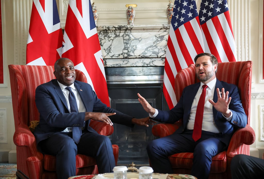 UK foreign secretary David Lammy welcomed US vice-president JD Vance to Chevening House in Kent on Friday. Mr Vance has turned up for photo ops with Mr Lammy and breakfast with Nigel Farage. But none of this sounds much like a holiday. Photograph: Suzanne Plunkett/PA