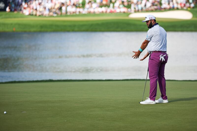 Jon Rahm reacts on the 17th green during the third round of the US PGA Championship at Quail Hollow. Photograph: Jared C Tilton/Getty Images