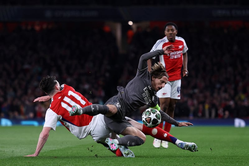 Arsenal's Declan Rice and Real Madrid's Luka Modric at the Emirates Stadium. 'London was Real Madrid’s grave.' Photograph: Adrian Dennis/ AFP