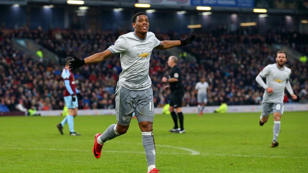 Anthony Martial celebrates scoring Manchester United’s winner at Burnley. Photograph: Alex Livesey/Getty