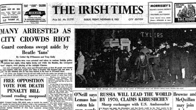 Many arrested as city crowds riot: the front page of The Irish Times from November 8th, 1963