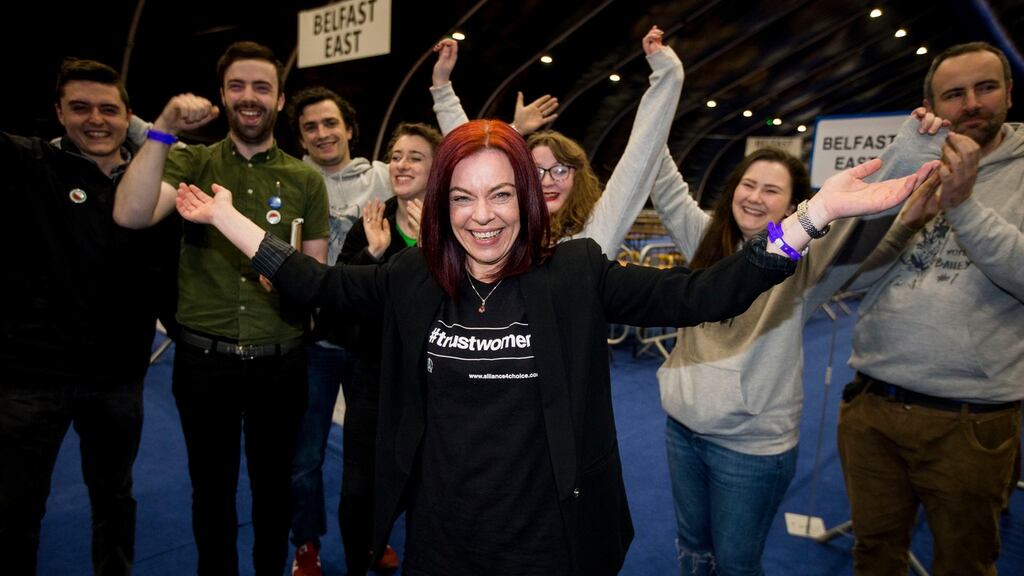 Green Party MLA Clare Bailey celebrates with supporters at the Titanic Exhibition Centre, Belfast. Photograph: Liam McBurney/PA