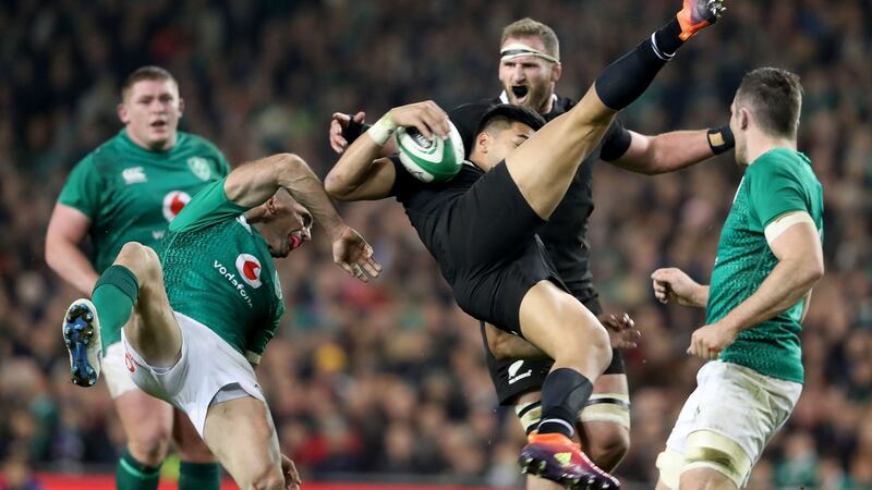 Ireland’s Rob Kearney collides with Rieko Ioane of New Zealand. Photograph: Dan Sheridan/Inpho
